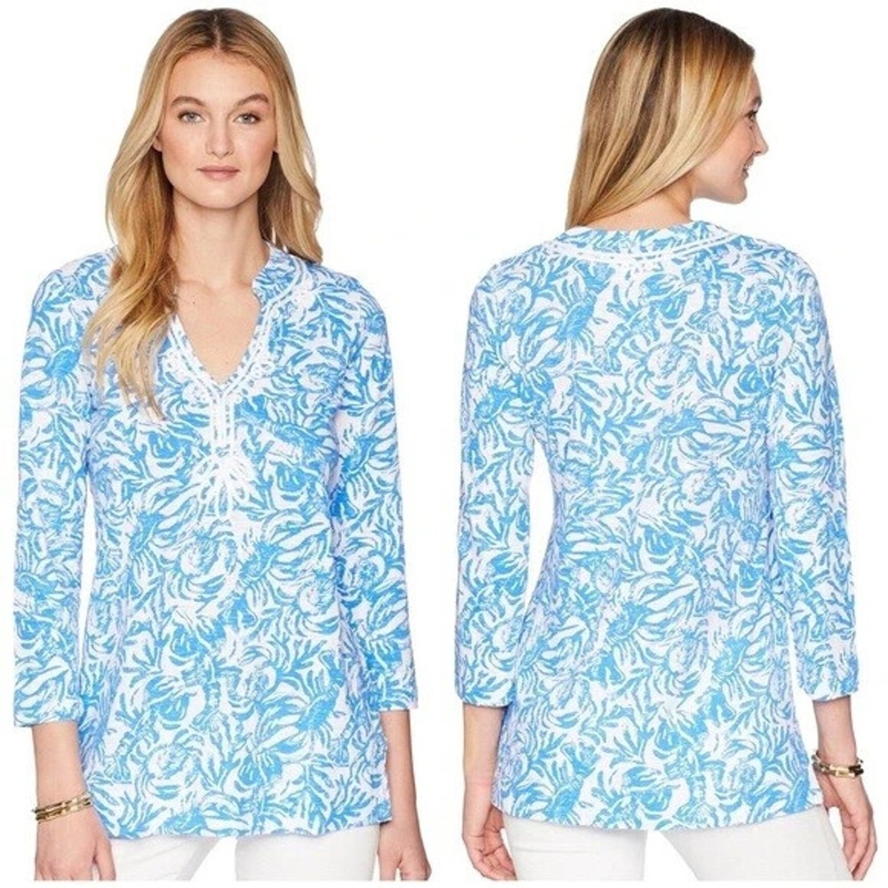 Lilly Pulitzer KAIA KNIT TUNIC Resort White Aqua Lounge KNIT Top Blue M A000915